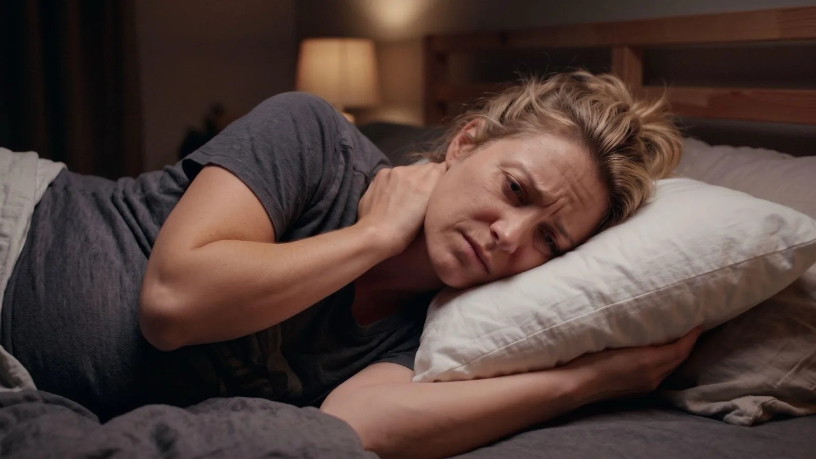 A pregnant woman lying awake on her side at night, holding her neck in discomfort