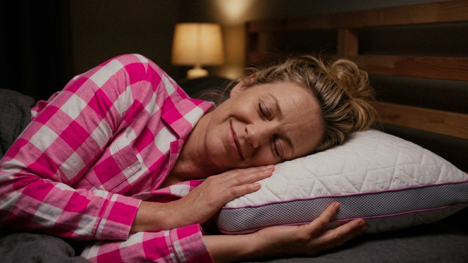 A mom sleeping comfortably on her side, resting on the SnowTouch pillow